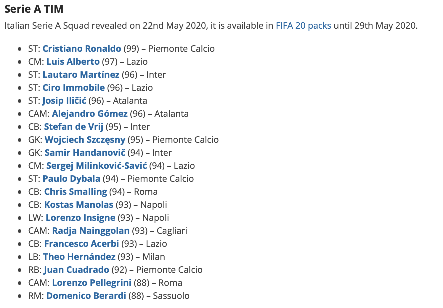 FIFA 20 TOTSSF Serie A TIM Players